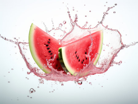 Watermelon slices in water splash, isolated on white backgroundの素材