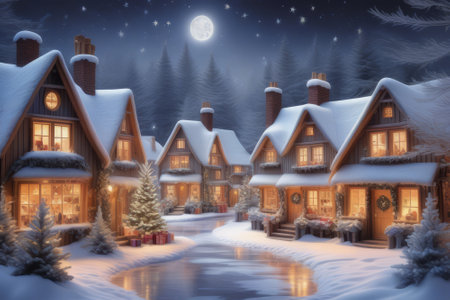 Winter village at night with a full moon. 3D illustration.の素材
