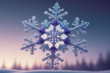 Snowflake against fir trees in snowy landscape 3d-illustrationの素材