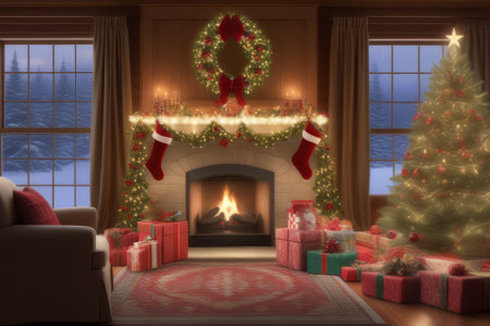 Composite image of a living room with Christmas tree and fireplaceの素材