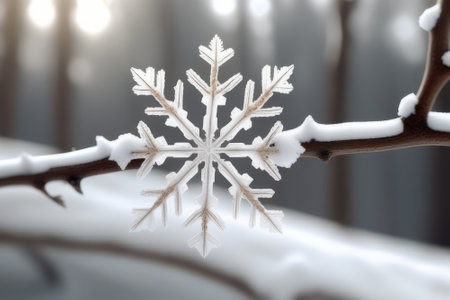 snowflake on a branch of a tree in winter close-upの素材