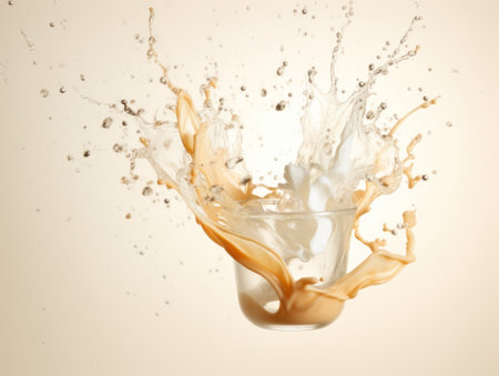 Splash of coffee in a glass on a beige background.の素材