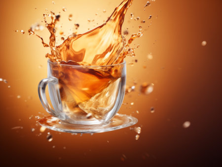 Cup of tea with splashes and drops on a brown backgroundの素材