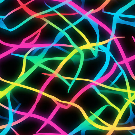 Seamless abstract pattern with neon lines on a black background.の素材
