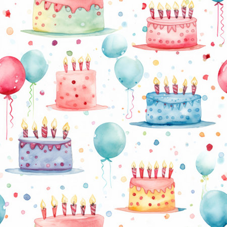 Watercolor birthday seamless pattern with cake, balloons and confetti.の素材