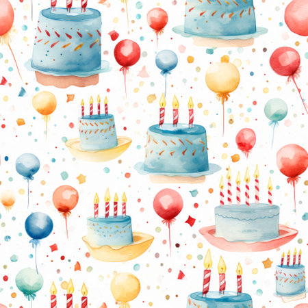 Seamless pattern with watercolor birthday cakes, balloons and confetti.の素材