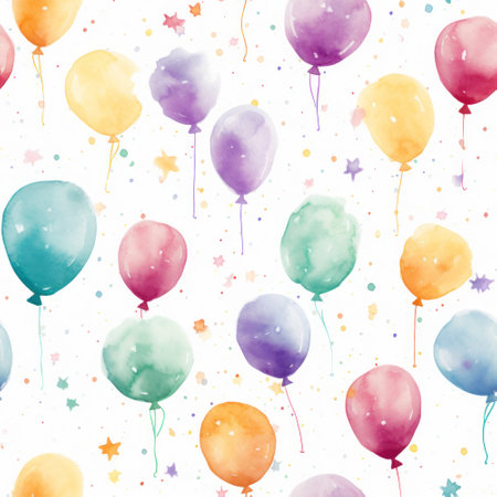 Watercolor seamless pattern with colorful balloons, confetti and stars.の素材