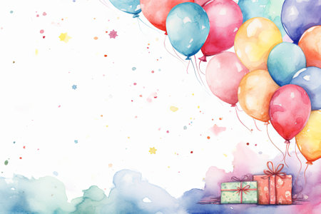 Birthday background with balloons and gift boxes. Watercolor illustration.の素材