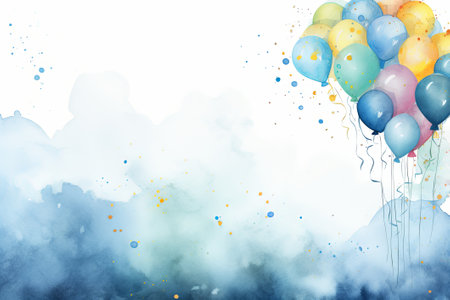 Colorful balloons in blue and yellow watercolor splashes on white backgroundの素材