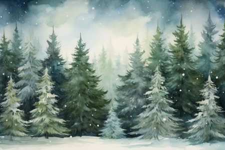 Winter forest. Watercolor painting. Christmas and New Year background.の素材