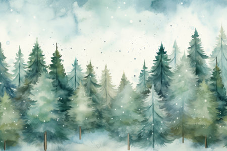 Watercolor winter landscape with fir trees and snowflakes. Digital paintingの素材
