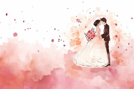 Beautiful bride and groom on watercolor background. Wedding couple.の素材