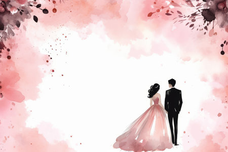 Beautiful bride and groom on a watercolor background. Wedding couple.の素材