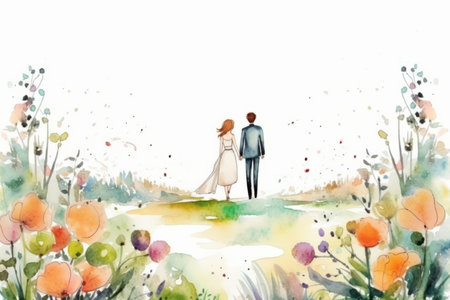 Watercolor illustration of bride and groom on the background of summer landscapeの素材