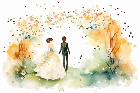 Watercolor illustration of bride and groom on the background of autumn landscapeの素材