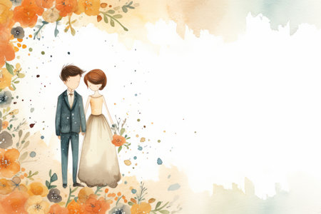 Wedding Couple Illustration on Watercolor Background with Space for Textの素材