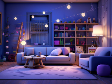 3D rendering of a children's room with a blue sofa and a shelf with toysの素材