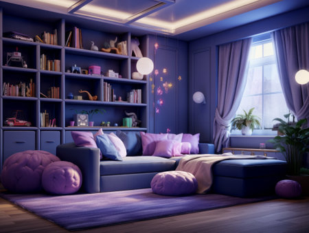 Interior of living room with blue walls, wooden floor, purple sofa and pink cushions. 3d renderの素材