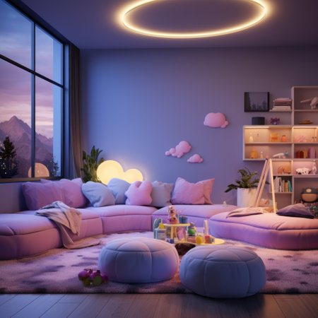 interior of children room with pink sofa. 3d render illustrationの素材