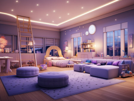 3d render of children's room with blue and purple furniture.の素材