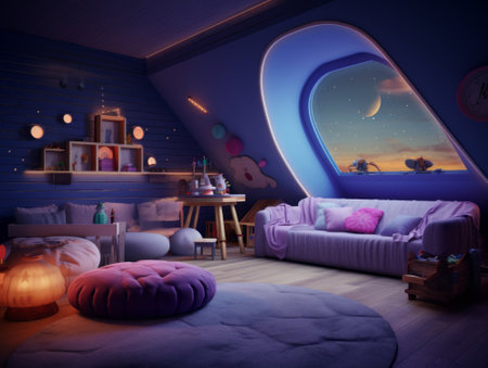 Interior of a children's room with a large window. 3d renderの素材