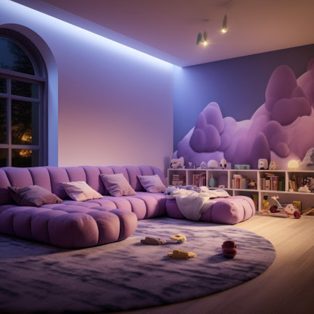 Interior of children's room with a purple sofa. 3d renderの素材