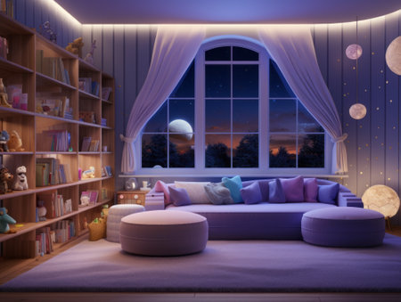 Interior of a childrens room with a purple sofa and a bookcaseの素材