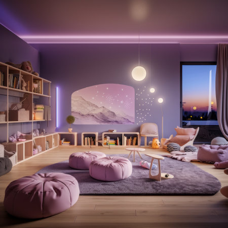 Interior of children's room with purple walls, wooden floor and purple sofa. 3d renderの素材