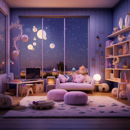 3d render of children's room with a large window and a view of the night skyの素材