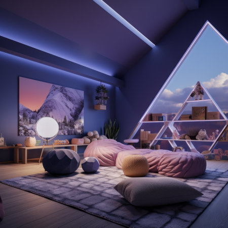 3d render of bedroom interior design with mountain view. Night time.の素材
