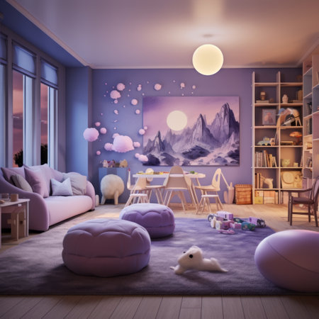 Children's room with a purple sofa, a chair, a table and a toy. 3d render.の素材