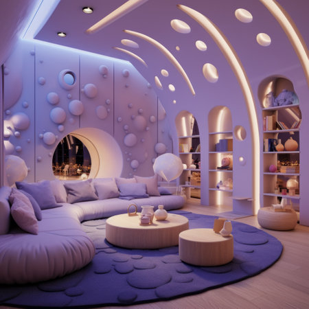 Interior of the children's room with a blue sofa and a coffee tableの素材