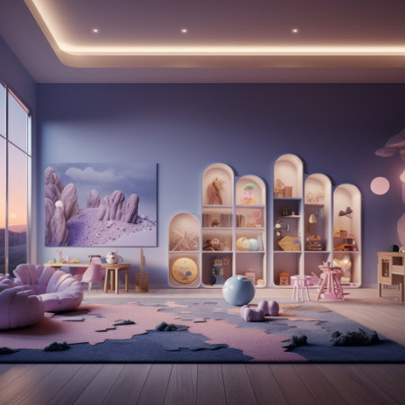 Children's room interior with toys. 3d render. Illustration.の素材