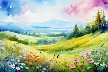 Beautiful summer landscape with flowers and mountains. Digital watercolor painting.の素材