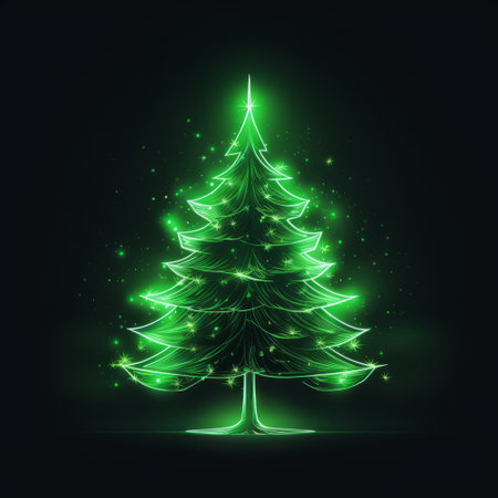 Glowing green Christmas tree on a dark background. Vector illustration.の素材