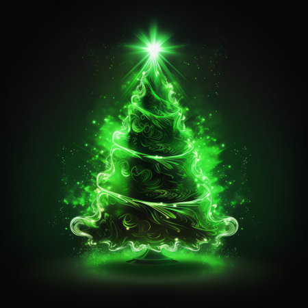 Abstract green christmas tree with lights on black background. Vector illustration.の素材