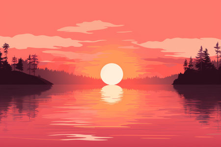 Beautiful sunset over the lake. Vector illustration of the nature.の素材