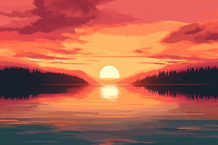 Sunset over the lake. Vector illustration in a flat style.の素材