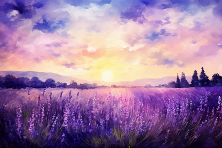 Digital painting of lavender field at sunset. Beautiful landscape with purple flowers.の素材