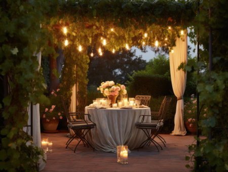 Wedding table setting with candles and wicker chairs in the gardenの素材