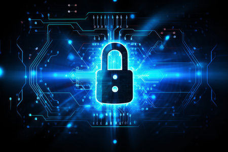 Cyber security concept. Closed padlock on circuit board. Vector illustrationの素材