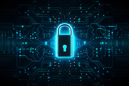 Cyber security concept with circuit board and padlock. 3D Renderingの素材