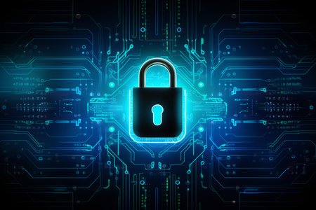 Abstract glowing padlock on circuit background. Security concept. 3D Renderingの素材
