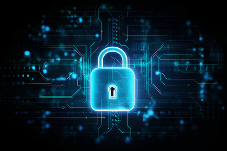 Cyber security concept with glowing padlock icon on circuit board backgroundの素材