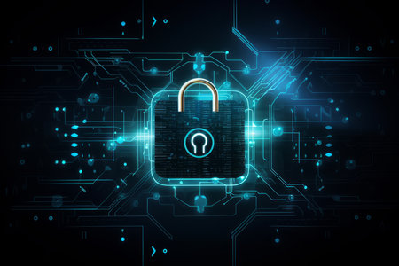 Digital security concept with padlock on circuit board. 3D Renderingの素材