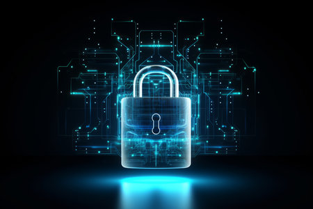 security padlock on circuit board background, cyber security concept. 3d renderingの素材