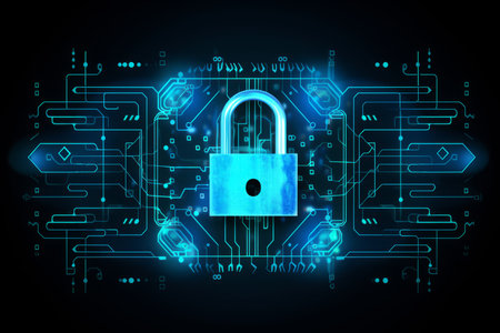 Protection concept. Circuit board and padlock. 3D renderingの素材