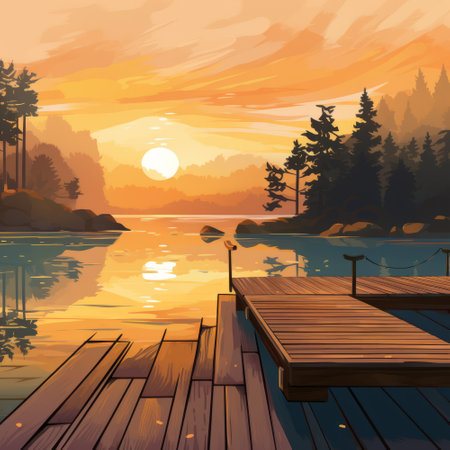 Wooden pier on the lake at sunset. Vector illustration of a summer landscape.の素材