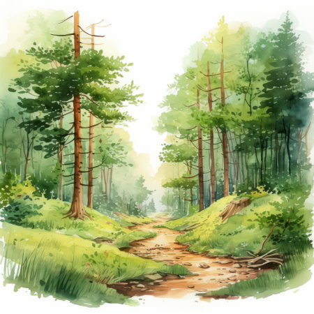 Watercolor illustration of a path through the forest. Watercolor illustration.の素材