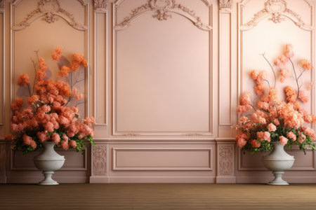 Classic interior with flowers in vase. Wall mockup. 3d renderの素材